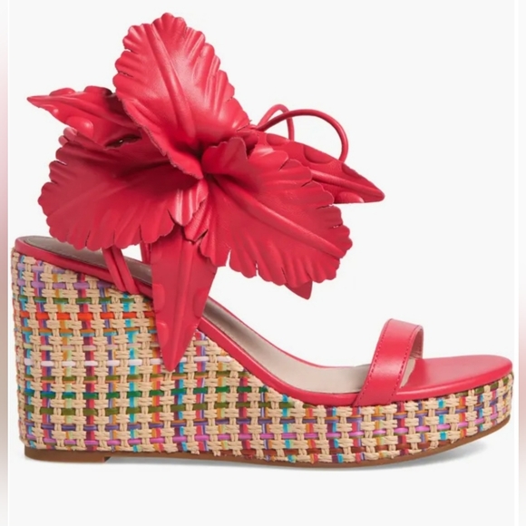 Cecelia Wedge Sandals 8 Pink Lilly Chunky Flower Leather Woven Strappy New $180 - Picture 2 of 13